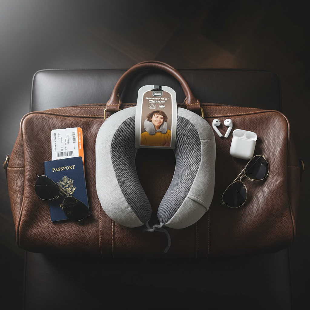 Luxury travel flat lay with neck pillow, passport and boarding pass