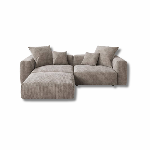 Corduroy L-Shaped Sofa in warm beige taupe with scatter cushions