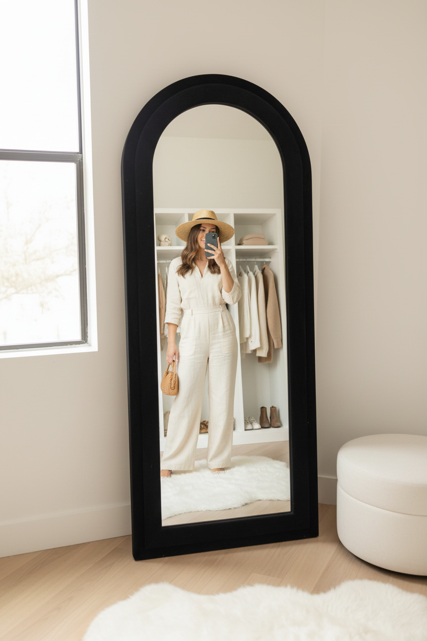 Woman checking outfit in full-length arched black frame floor mirror in modern dressing room