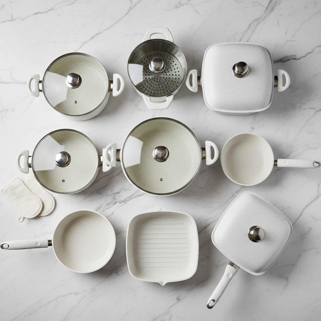 Overhead flat lay of complete 12-piece white non-stick cookware set on marble