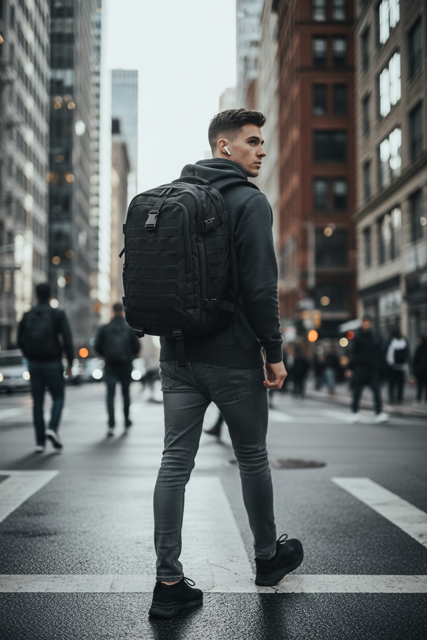Tactical assault backpack worn in urban setting