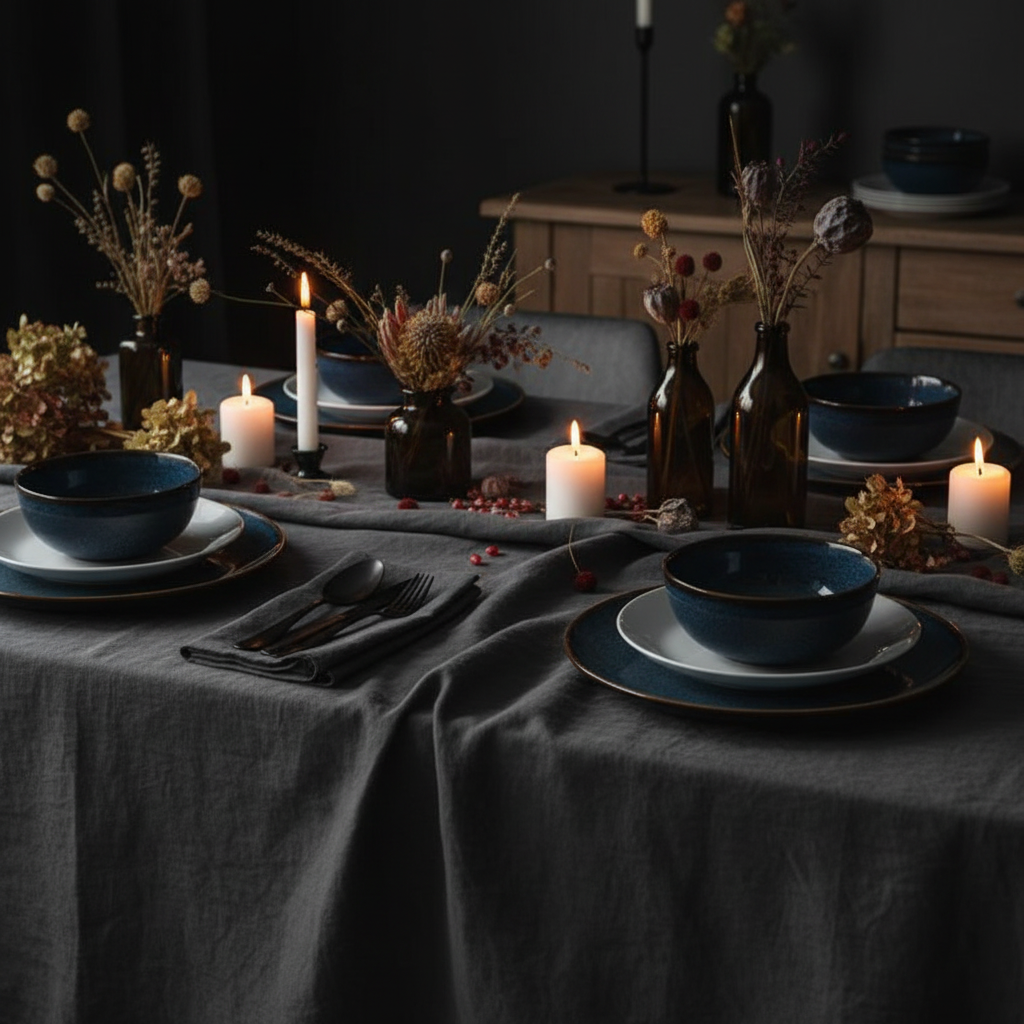 Homezaza Love Story midnight blue dinnerware set on moody dining table for 4