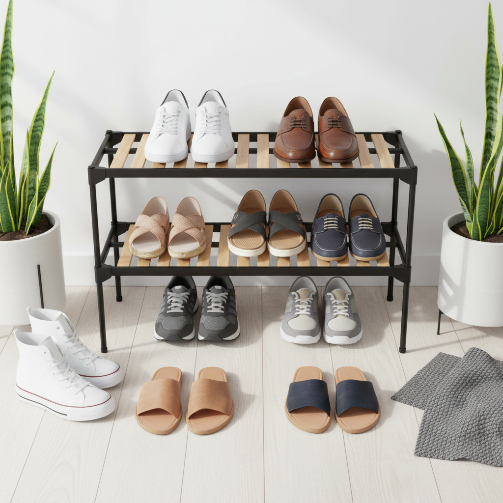 Overhead flat lay showing shoe rack capacity with various shoe types