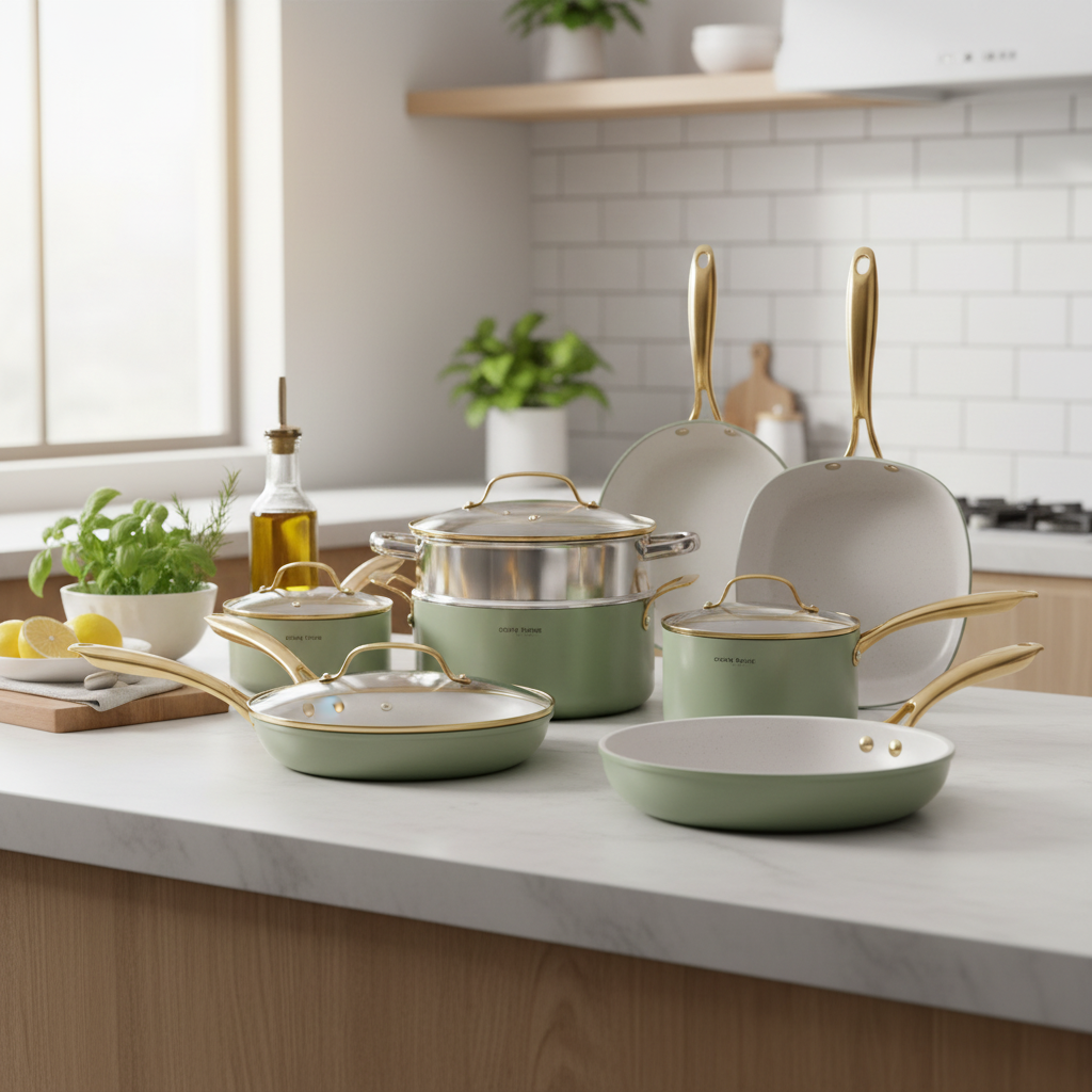 Sage green and gold cookware set on modern kitchen counter with herbs and lemon