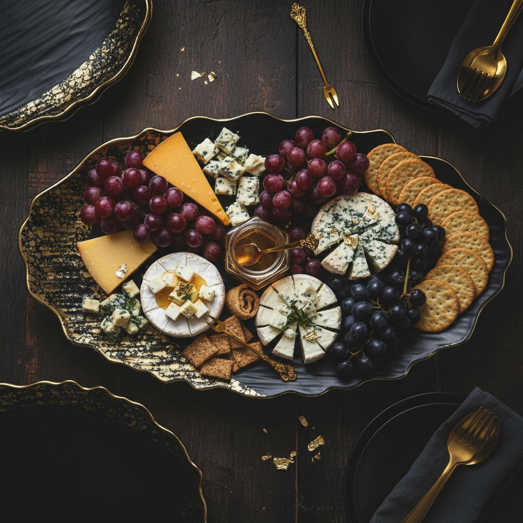 Overhead charcuterie styling on black and gold wavy edge platter