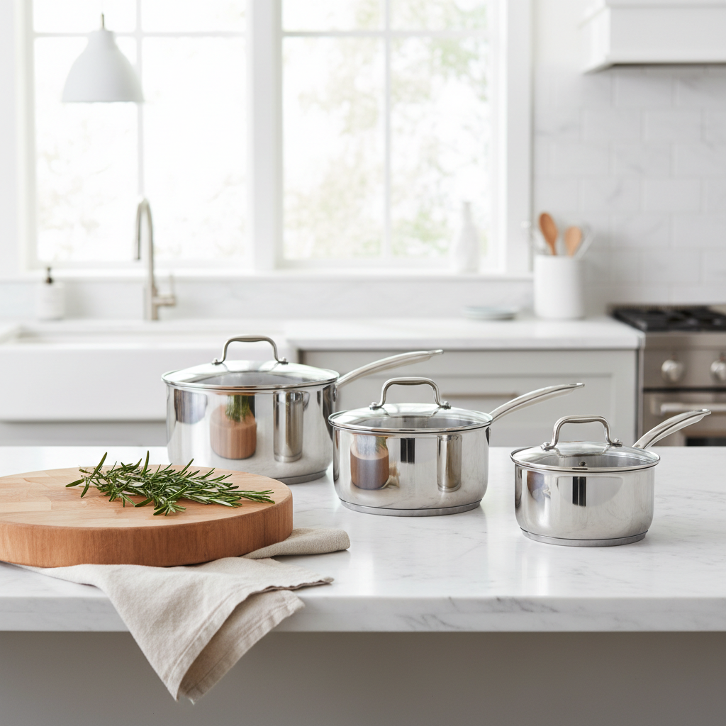 Three stainless steel casserole pots on white marble island with cutting board and herbs