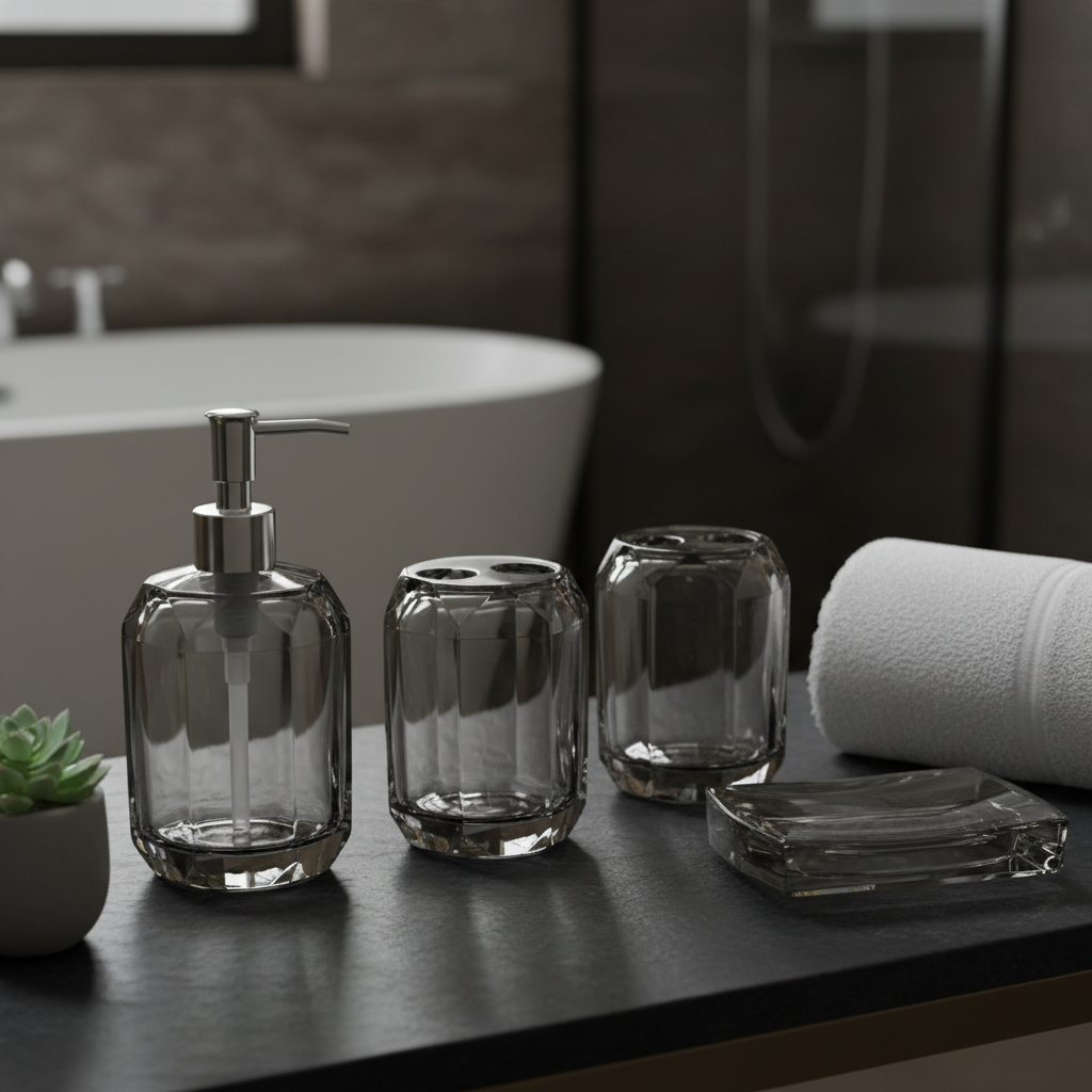 Smoke grey crystal acrylic 4-piece bathroom set on dark slate countertop