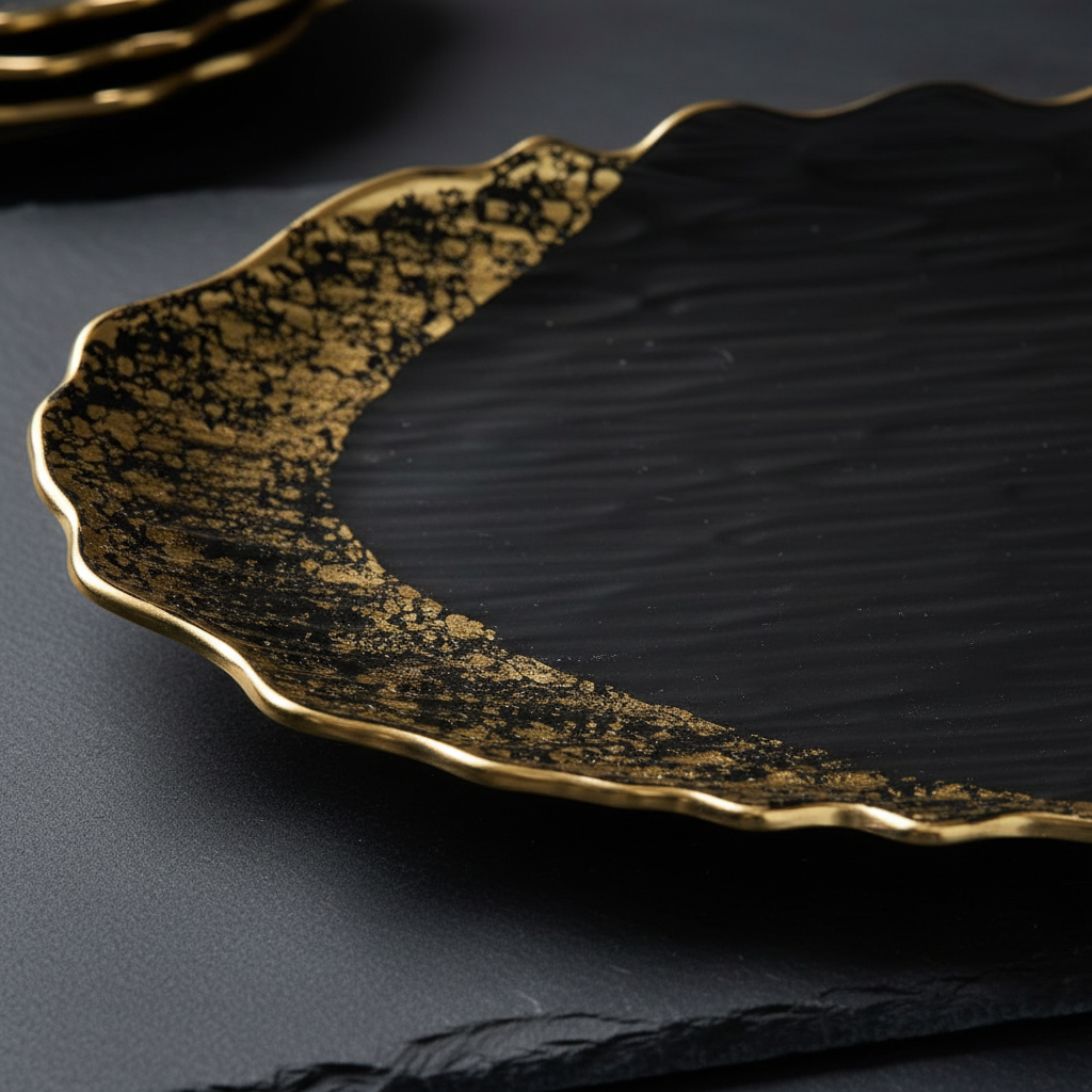 Close-up of gold leaf accent detail on black wavy edge platter