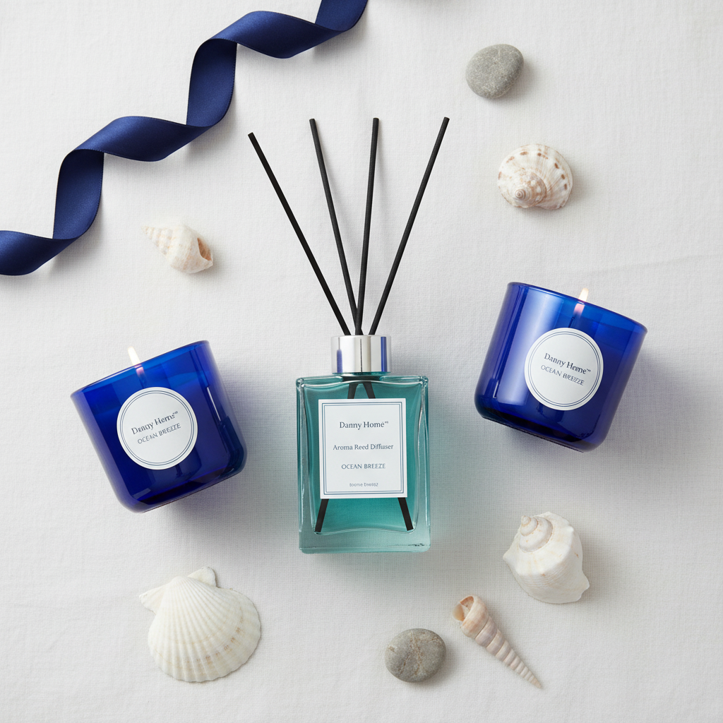 Overhead flat lay of Danny Home Ocean Breeze candles and reed diffuser on white linen with sea shells