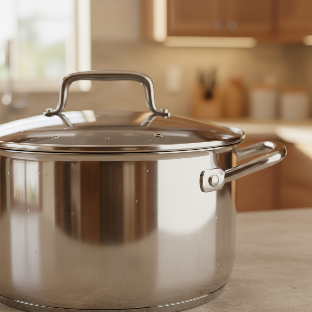 Close-up of polished stainless steel casserole pot with glass lid detail