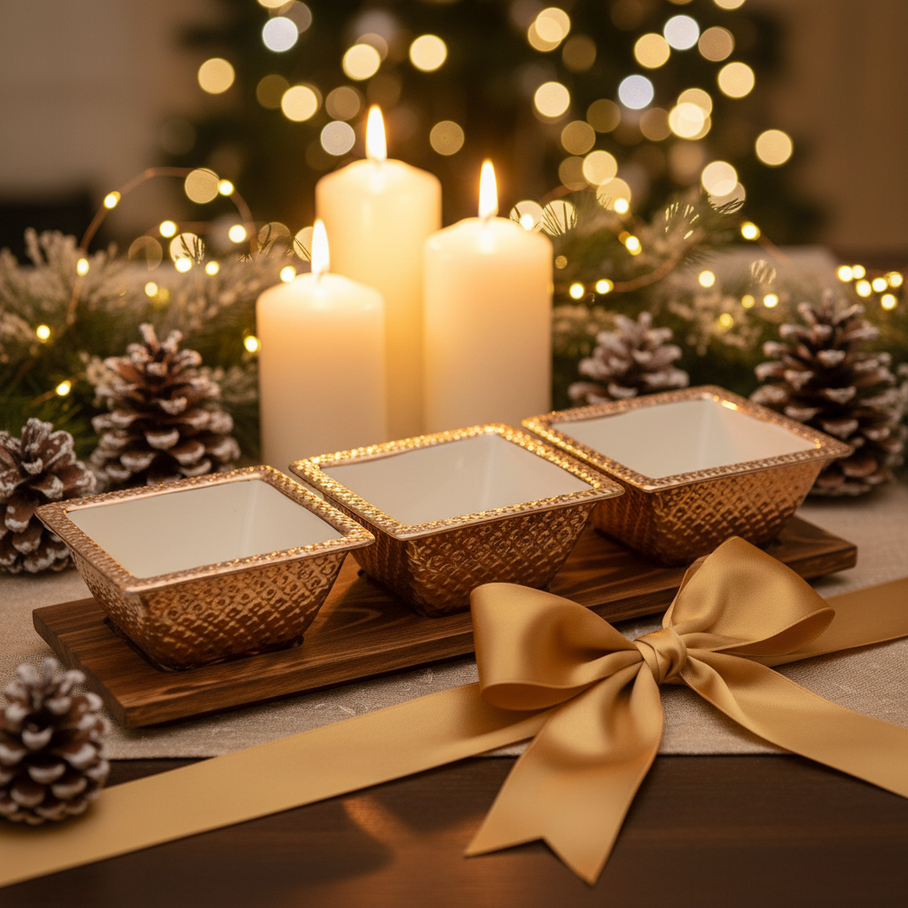 Gilt snack bowl set styled as Christmas gift with gold ribbon and fairy lights