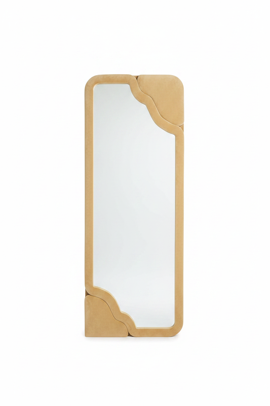 Full-length wavy cream velvet floor mirror hero studio shot on white background