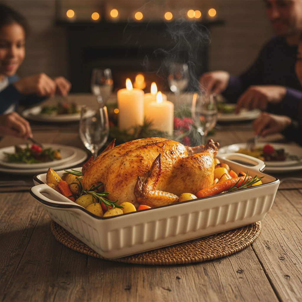 Cream fluted ceramic roasting dish with golden roast chicken straight from the oven