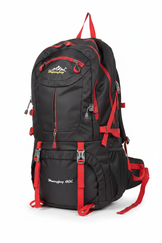 60L hiking backpack black and red - studio shot
