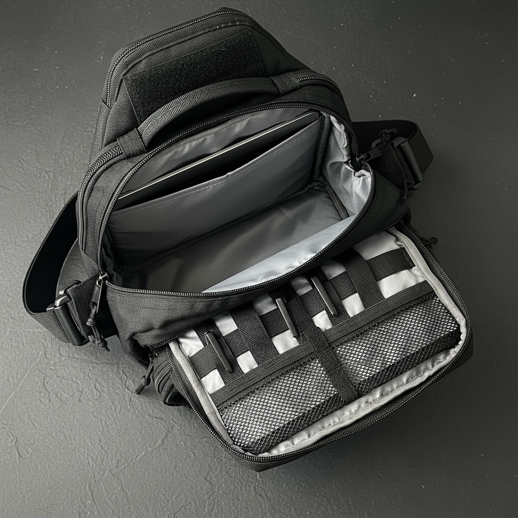 Tactical sling bag interior compartments