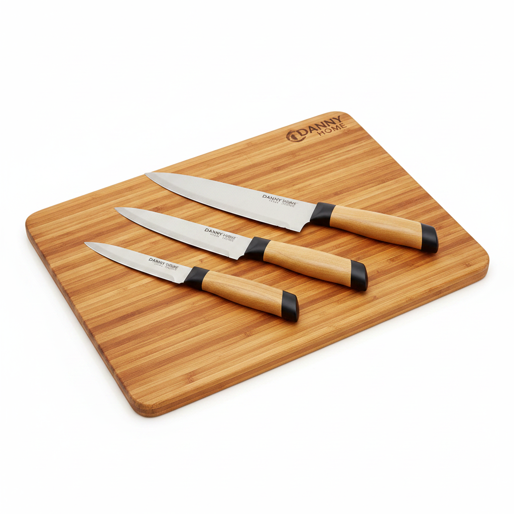Danny Home bamboo cutting board and 3-knife set hero studio shot on white background