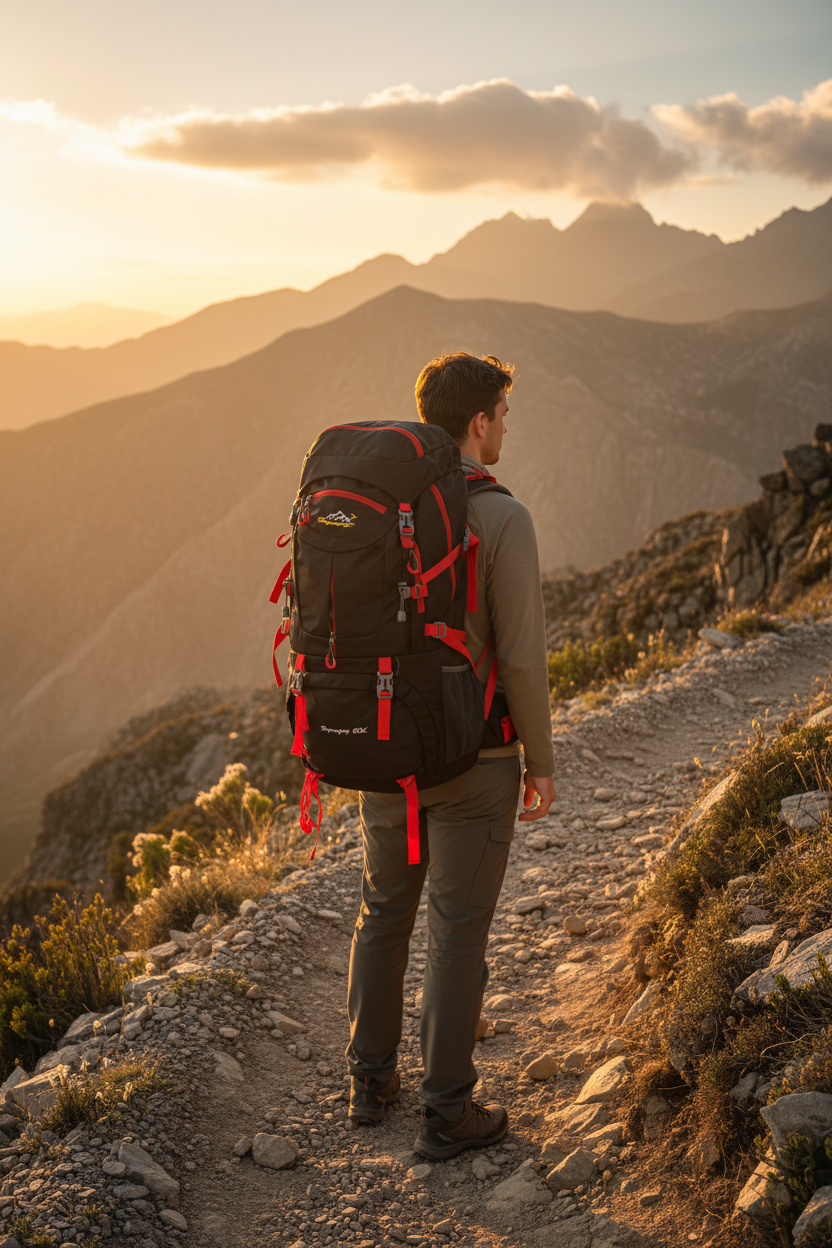 60L hiking backpack worn on mountain trail