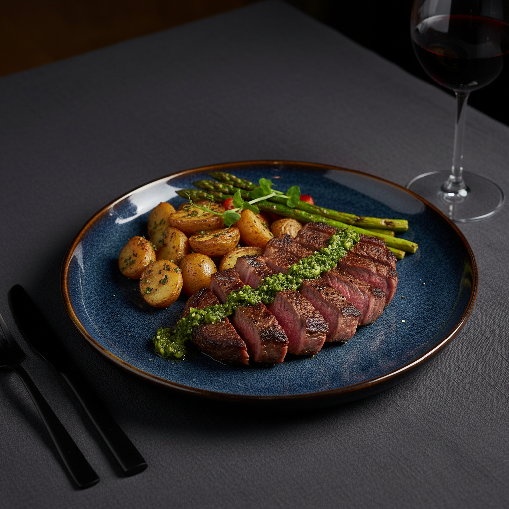 Close up of Homezaza midnight blue reactive glaze dinner plate with plated steak