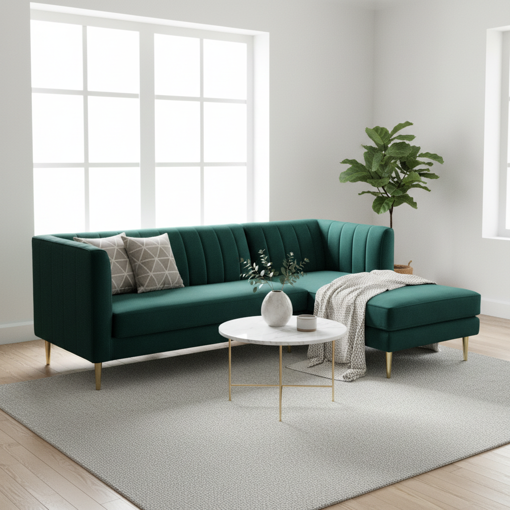 Emerald green velvet sofa in bright modern Scandinavian living room