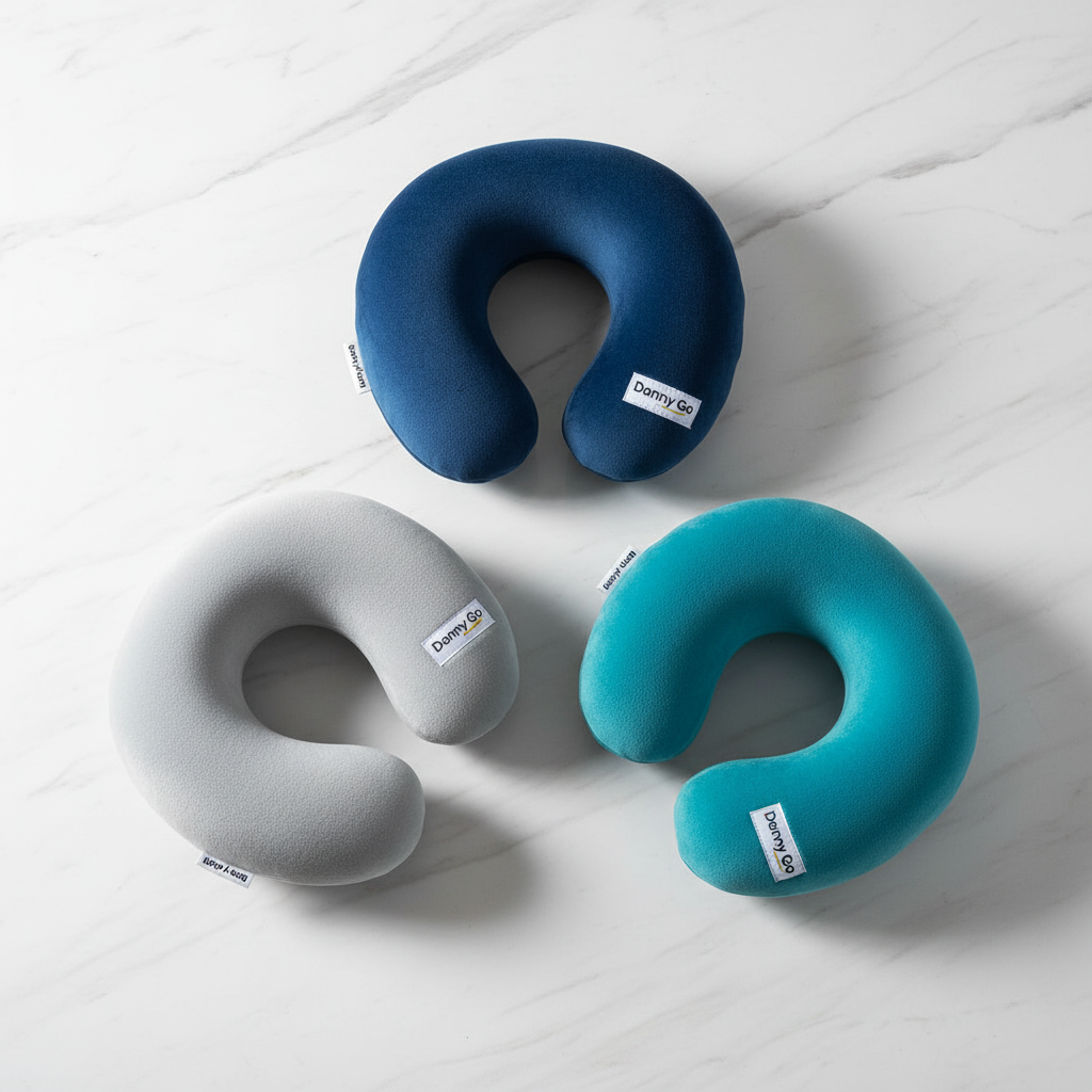 All three colour variants of Danny Go neck pillow in grey, blue and teal