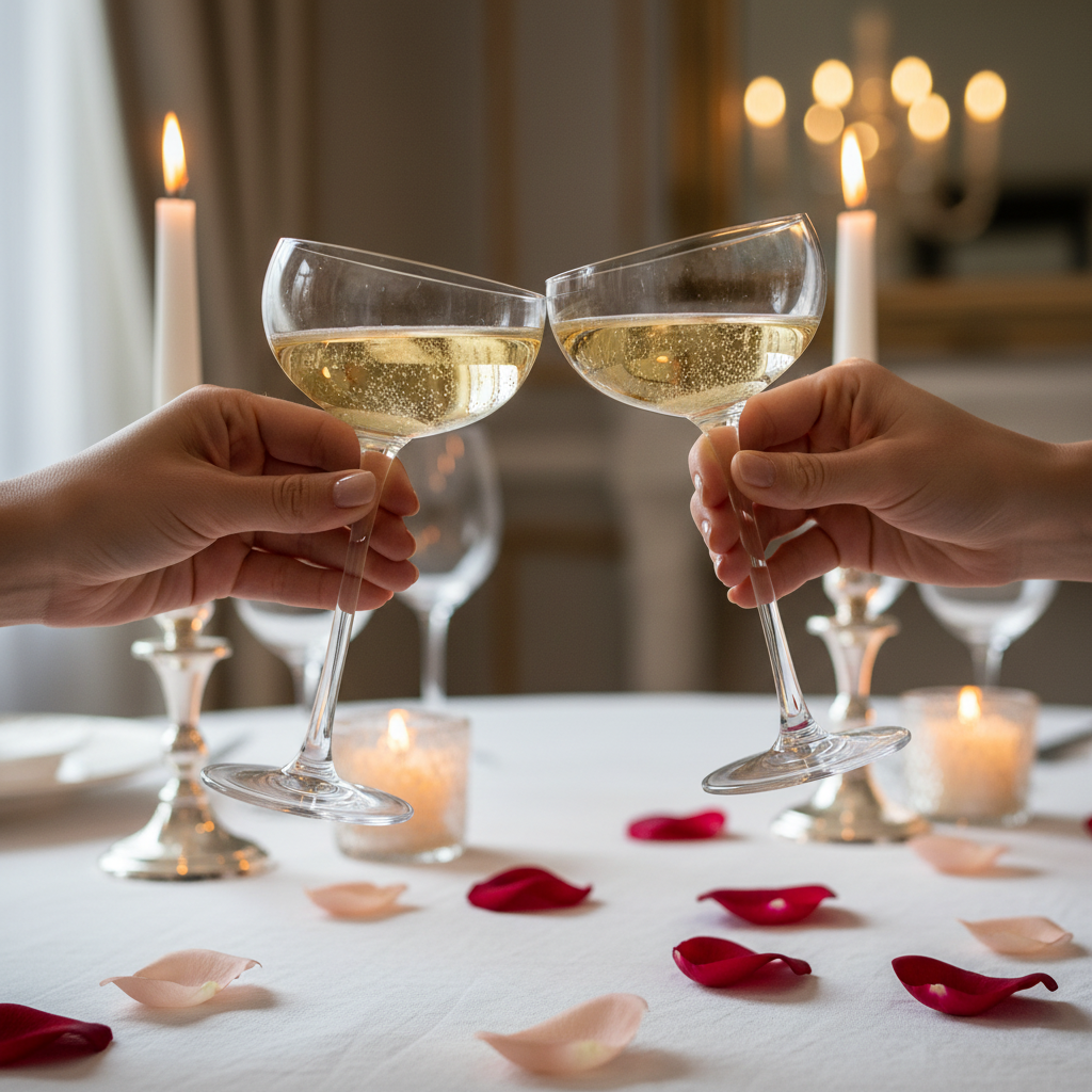 Two Danny Home coupe champagne glasses clinking in toast at candlelit celebration dinner