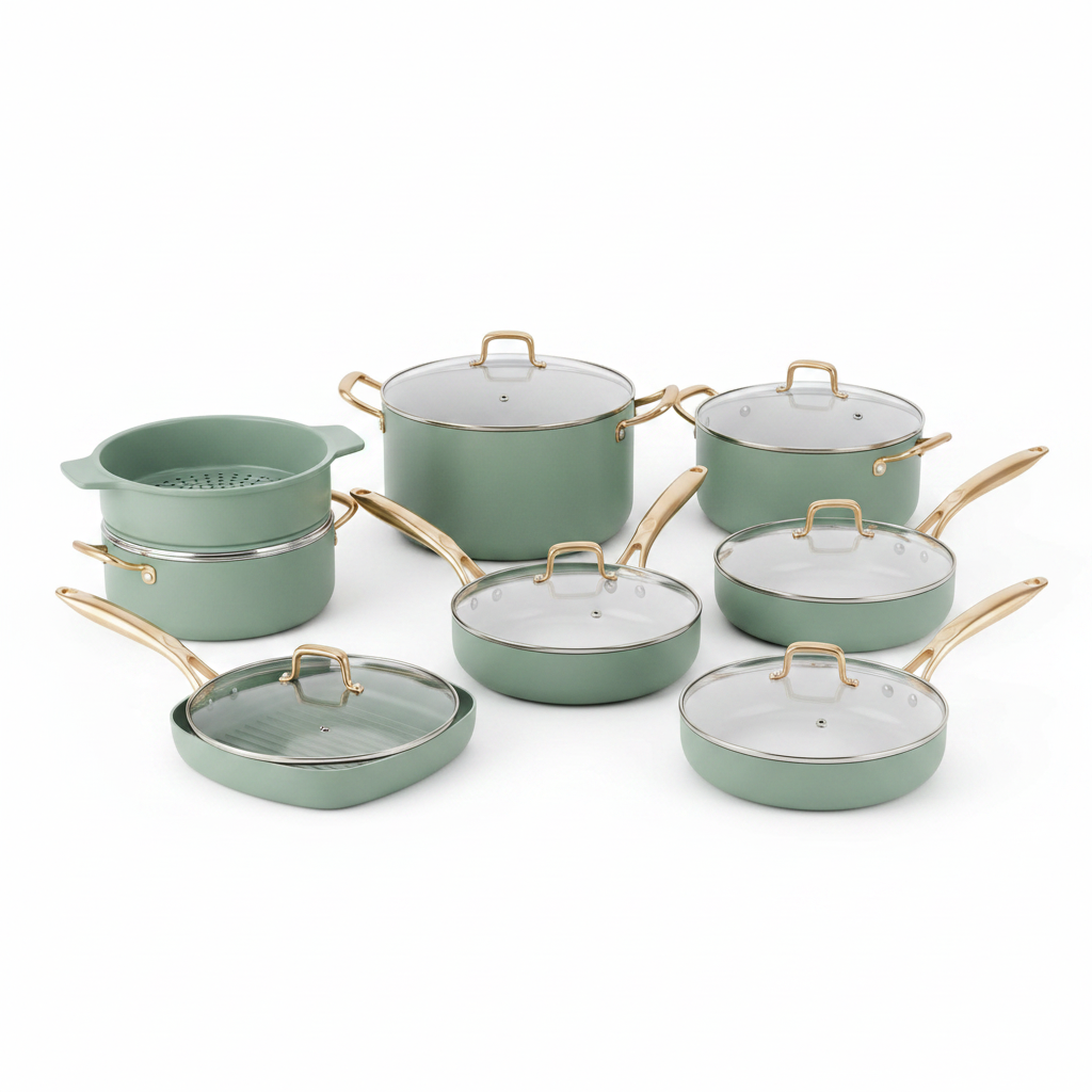Full 12-piece sage green and gold cookware set on white studio background