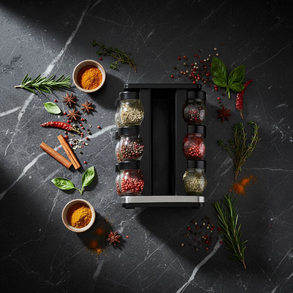 Black rotating spice rack with glass jars on dark marble countertop