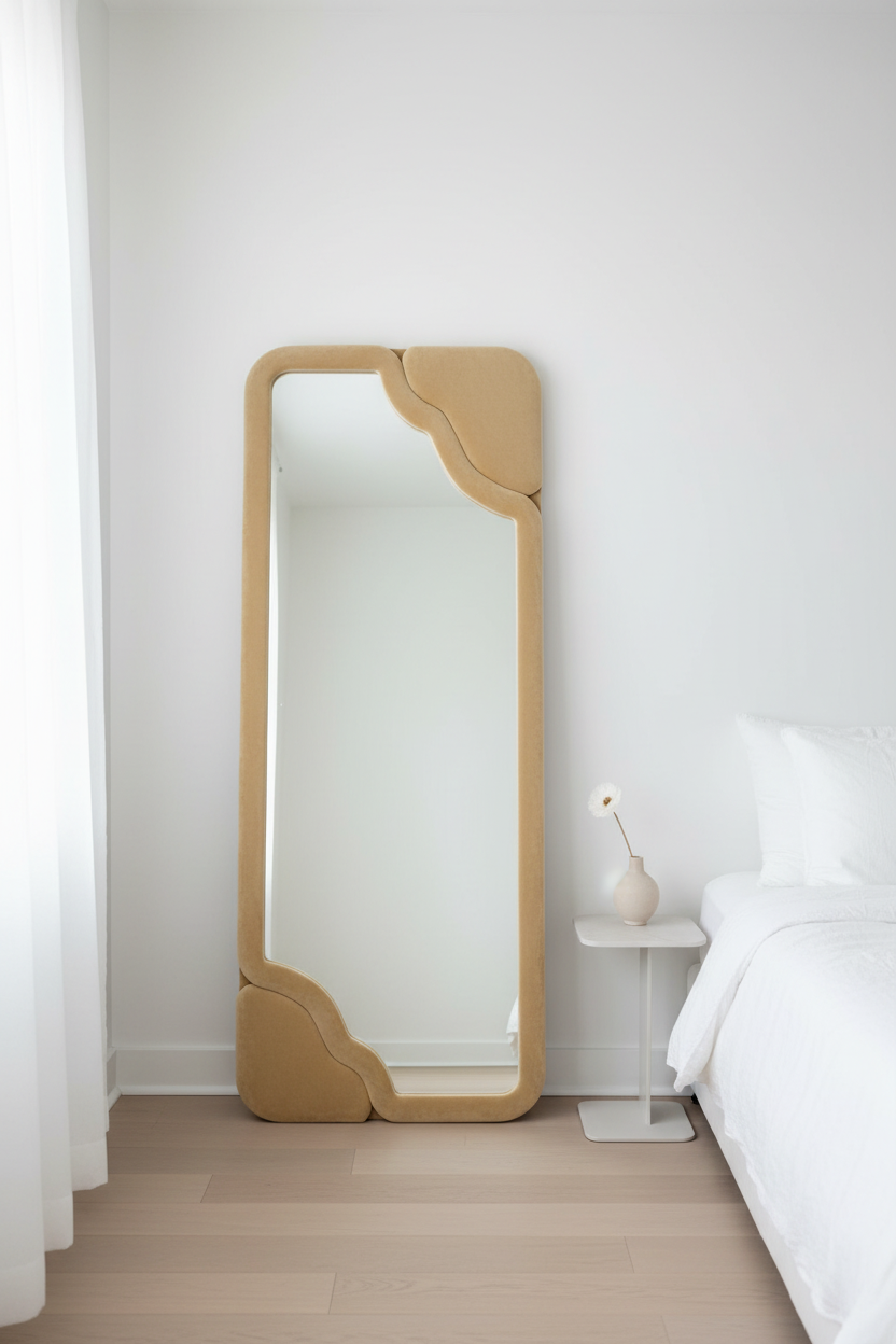 Wavy cream velvet floor mirror leaning against white wall in bright minimalist bedroom