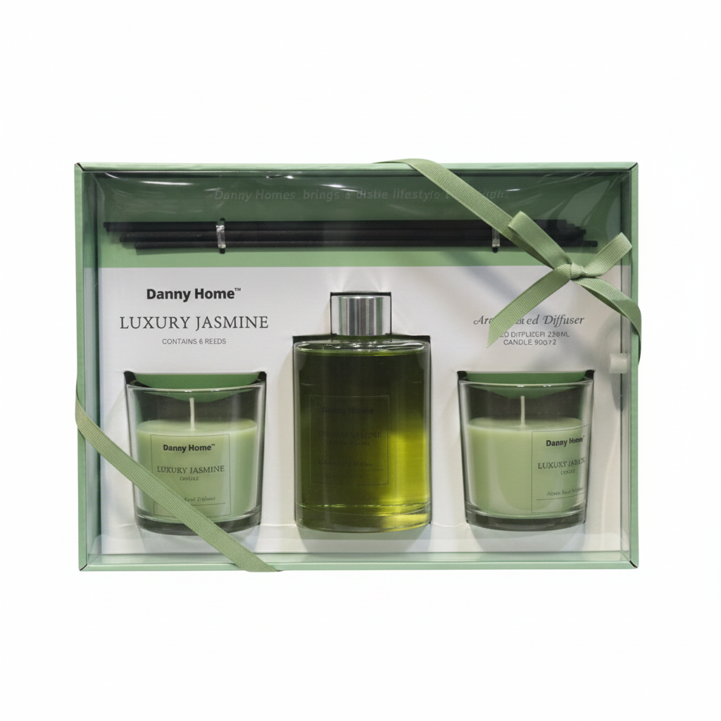 Danny Home Luxury Jasmine gift set in sage green ribbon packaging box hero shot on white background