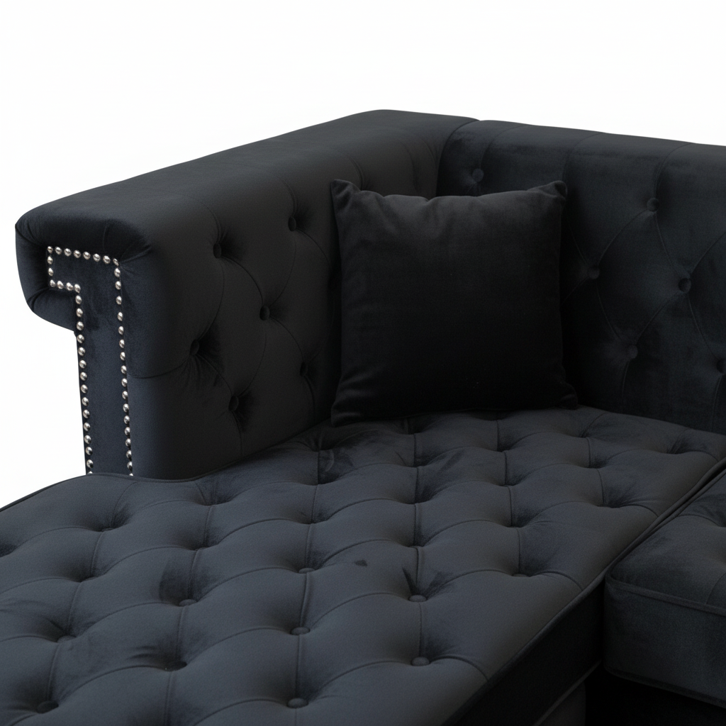 Black velvet sofa close up showing button tufting and silver nail head trim