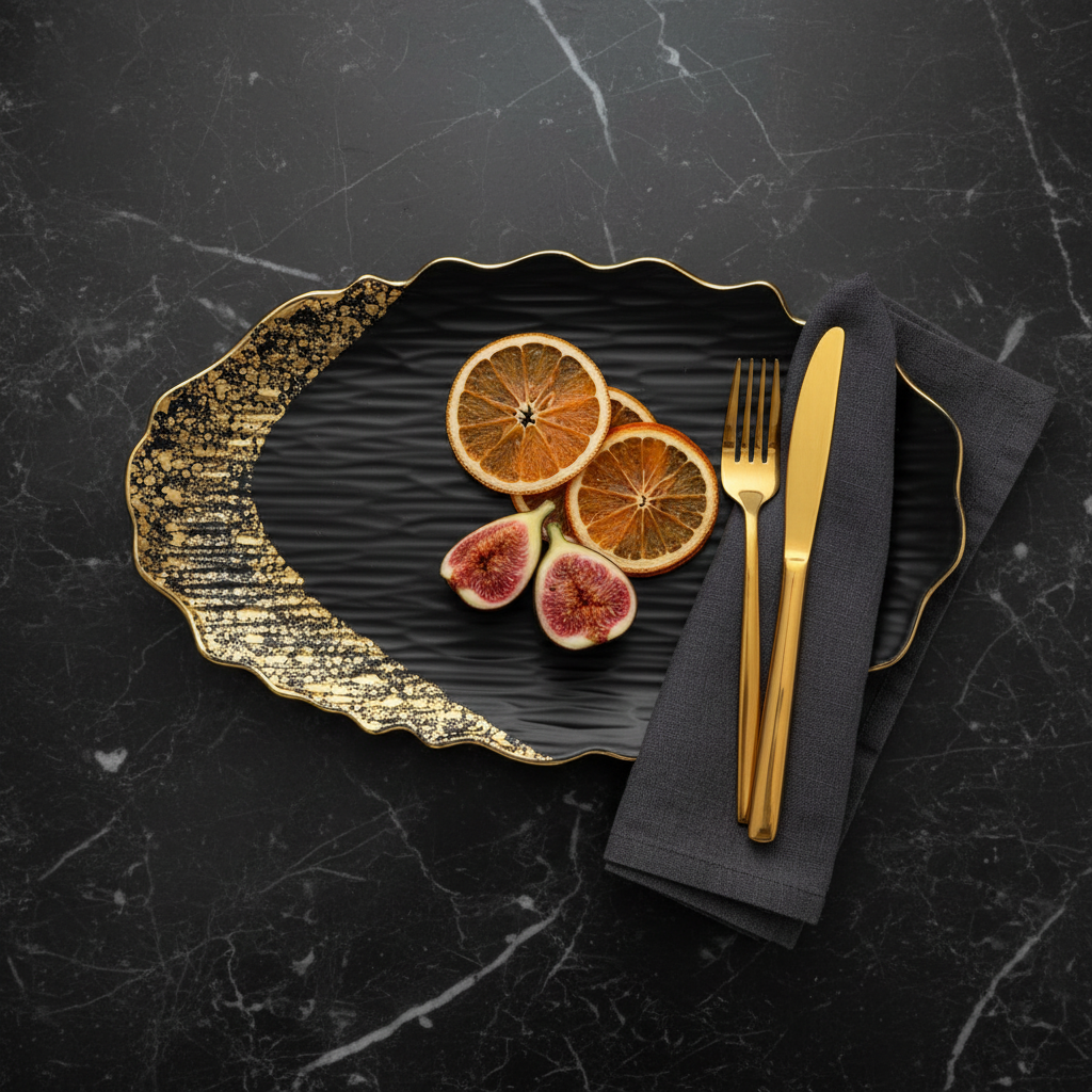 Black and gold wavy platter styled on dark marble with figs and golden cutlery