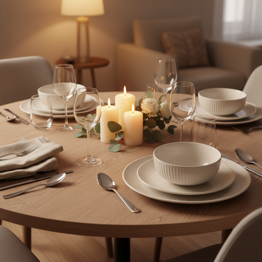 Danny Home cream ribbed porcelain dinner set laid out on dining table for 4 with candles and wine