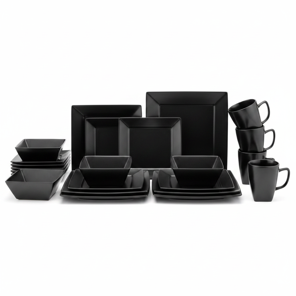 16-Piece Square Dinner Set matte black on white background
