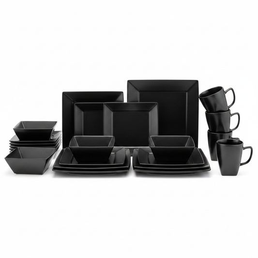 16-Piece Square Dinner Set matte black on white background