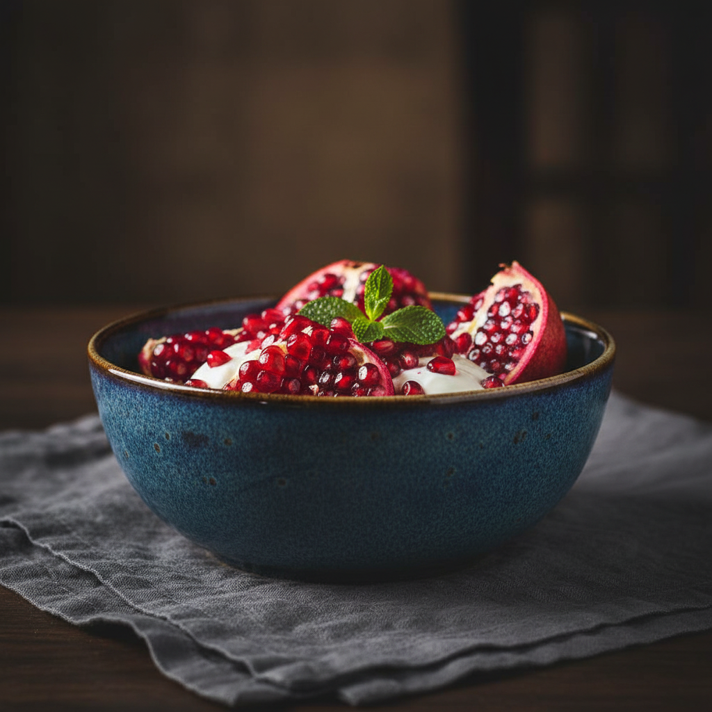 Close up of Homezaza midnight blue reactive glaze bowl with pomegranate dessert