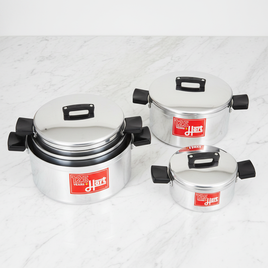 Hart Stainless Steel Pot Set overhead flat lay on marble
