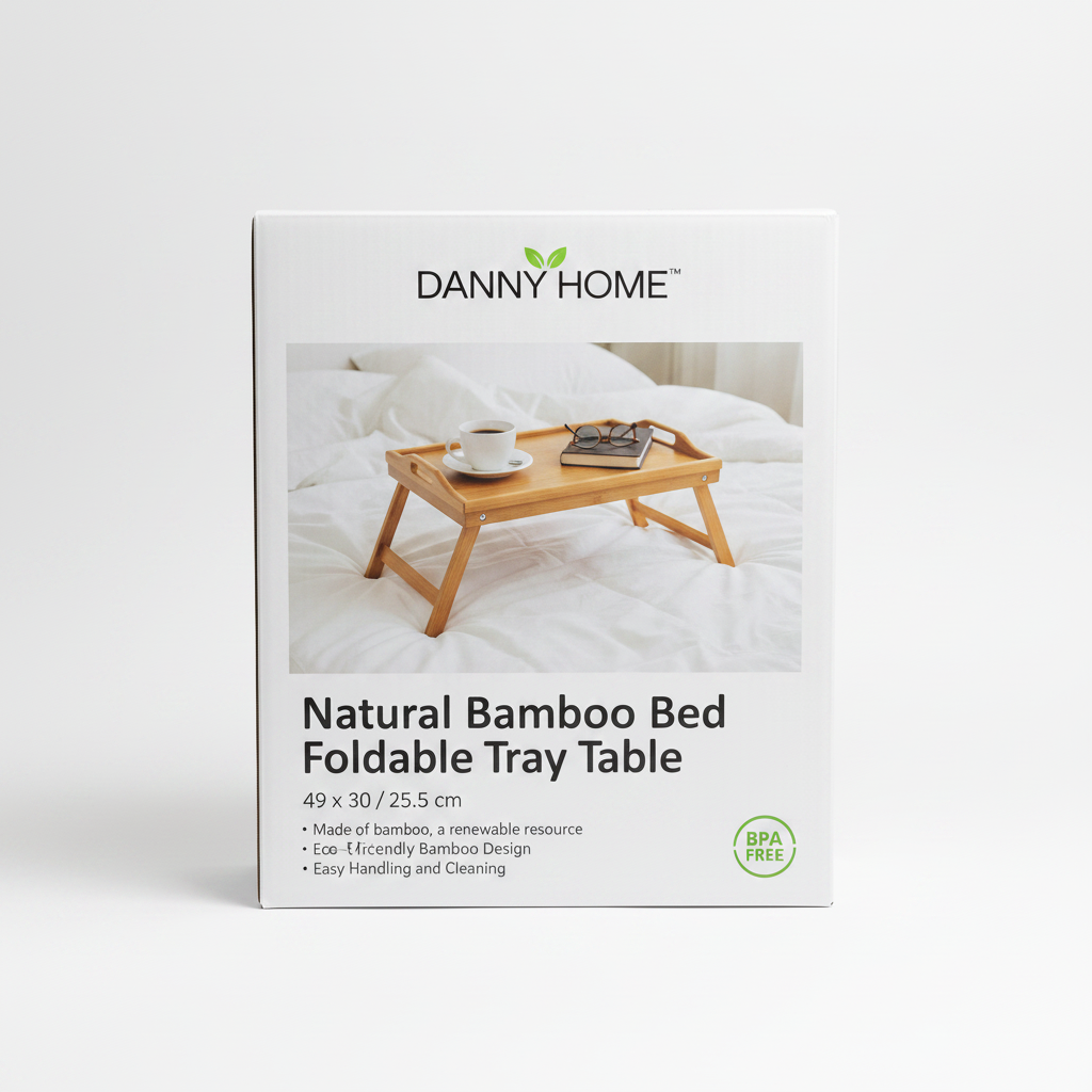 Danny Home Natural Bamboo Bed Foldable Tray Table packaging box clean on white background