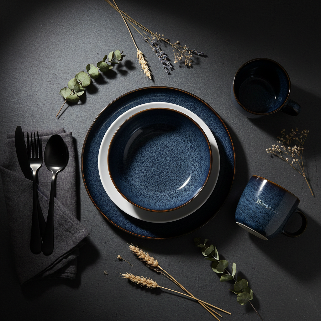 Overhead flat lay of Homezaza dark navy reactive glaze dinnerware on slate with dark linen