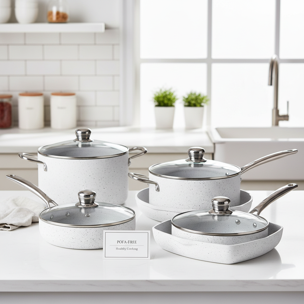 Full 12-piece white granite non-stick cookware set on white kitchen counter