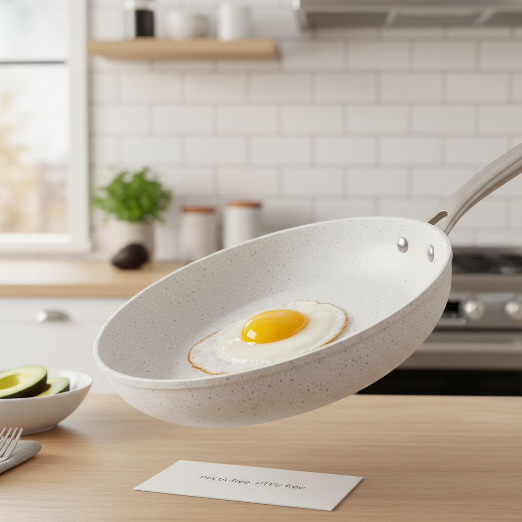 Egg sliding on white granite non-stick pan demonstrating PFOA-free performance