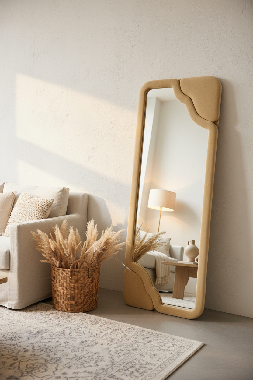 Wavy cream velvet floor mirror in boho Scandi living room reflecting beautiful interior