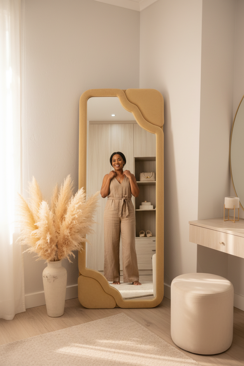 Woman checking outfit in wavy cream velvet floor mirror in stylish dressing room with pampas grass