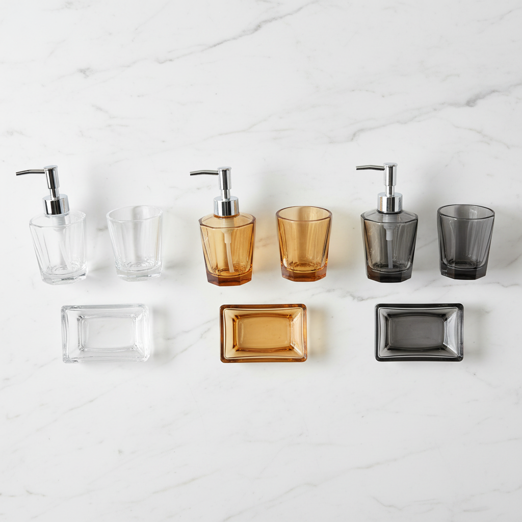 All three colour variants of crystal acrylic bathroom set overhead