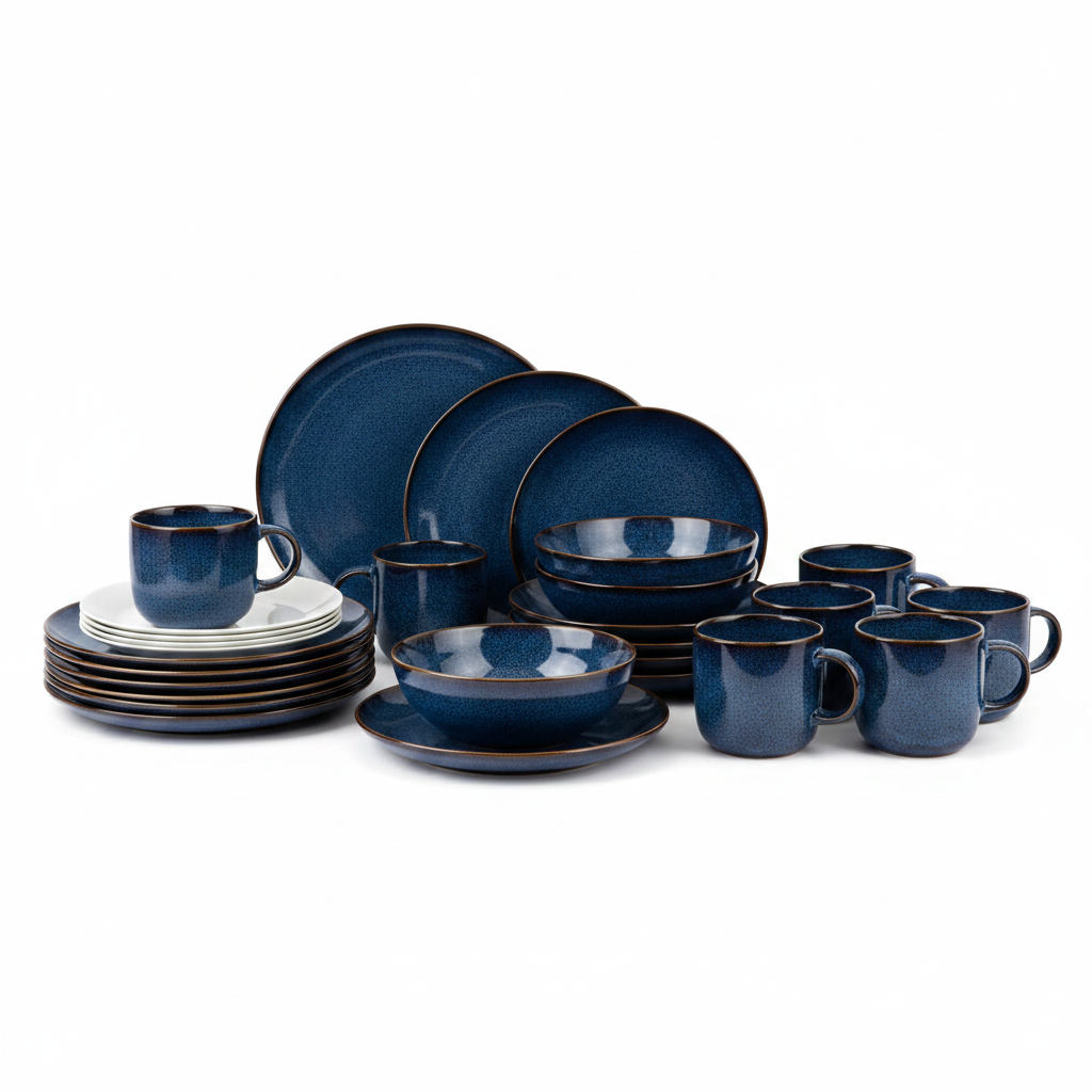 Homezaza Love Story 24-piece midnight blue reactive glaze dinnerware set hero shot