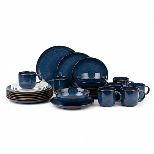 Homezaza Love Story 24-piece midnight blue reactive glaze dinnerware set hero shot