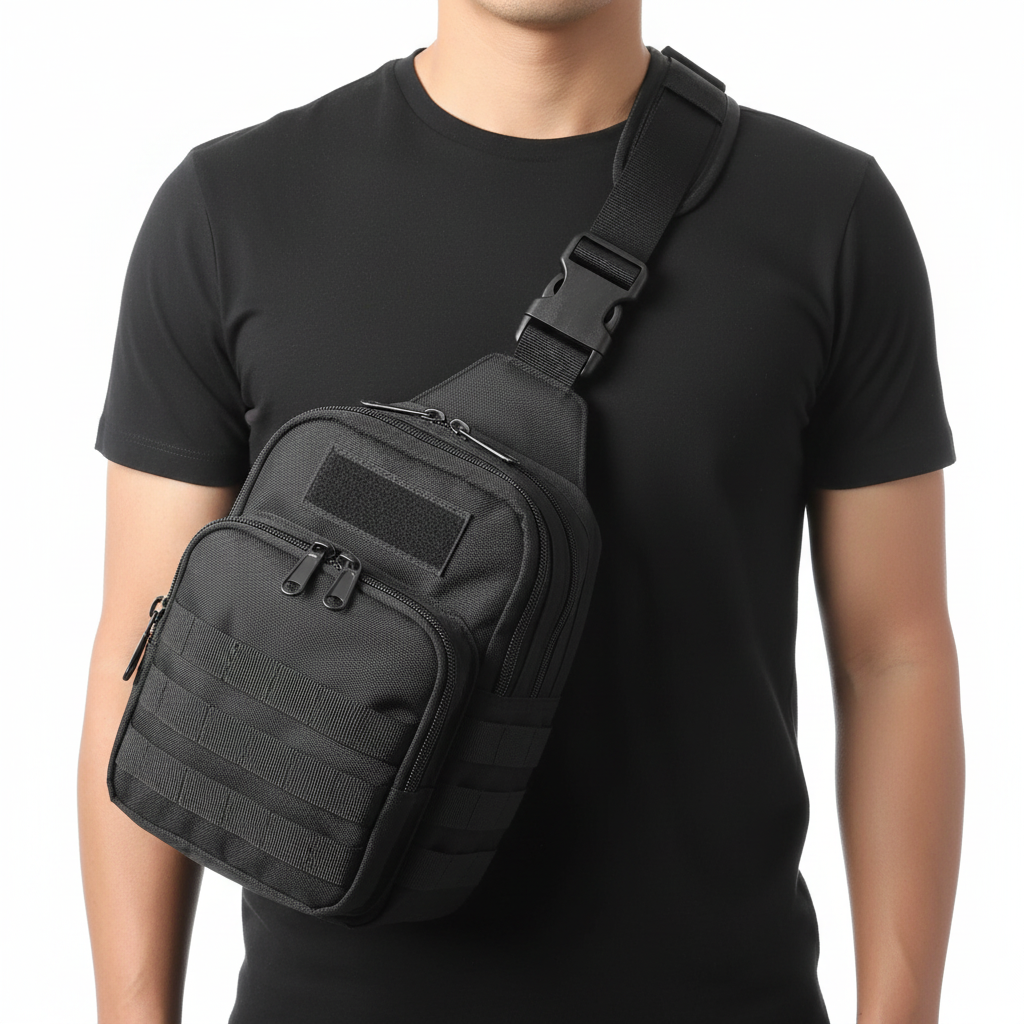 Tactical sling bag on white background