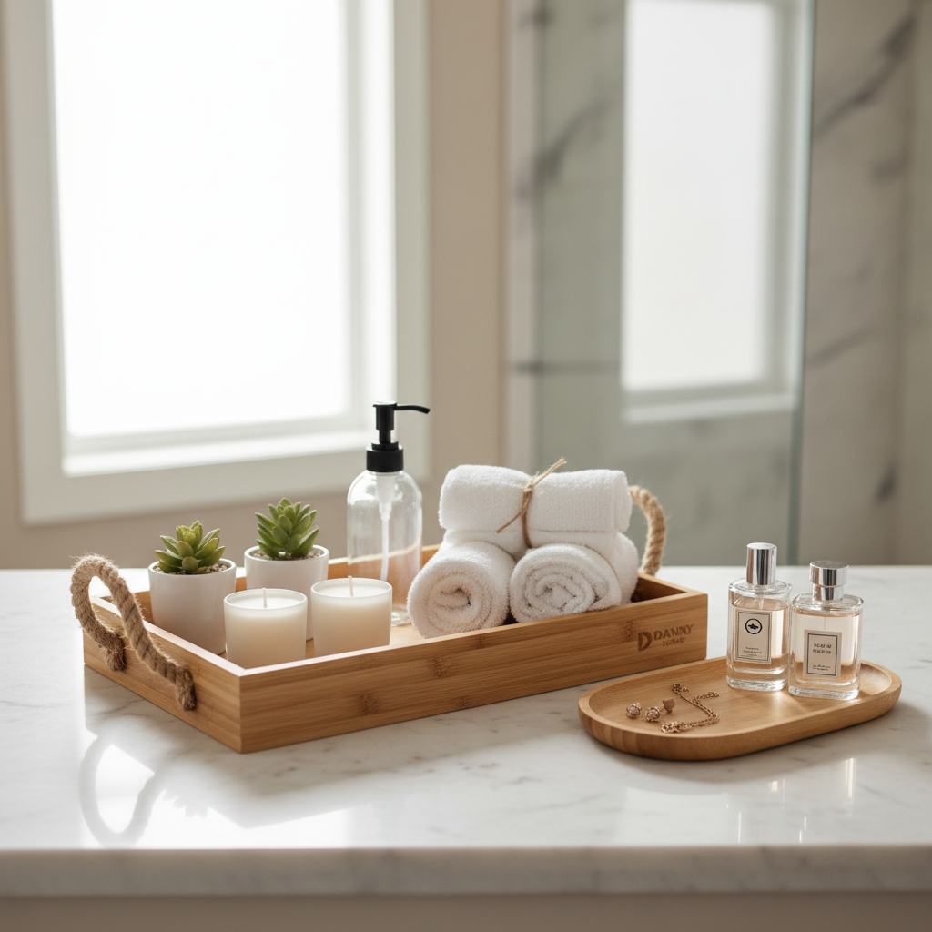 Danny Home bamboo tray set styled as bathroom vanity organiser on marble surface