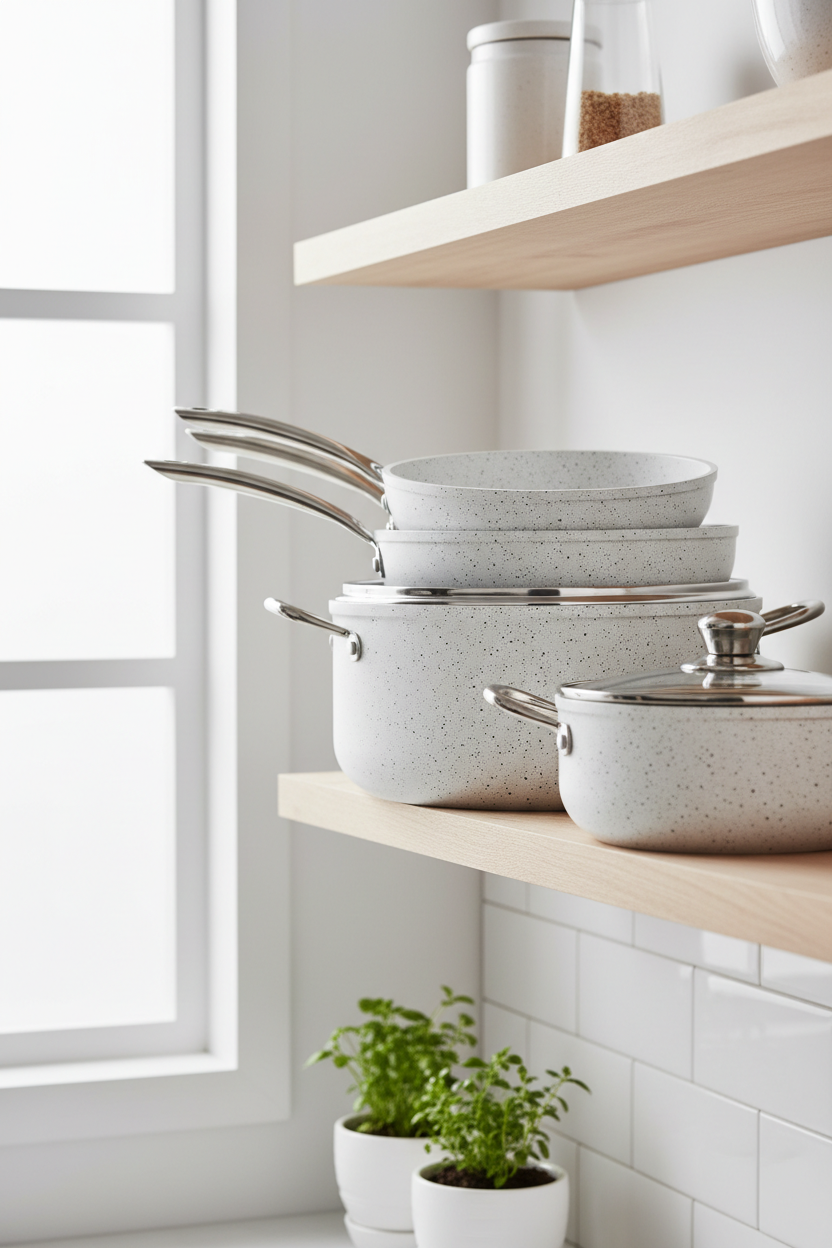 White granite non-stick cookware set displayed on kitchen shelf in Scandi interior