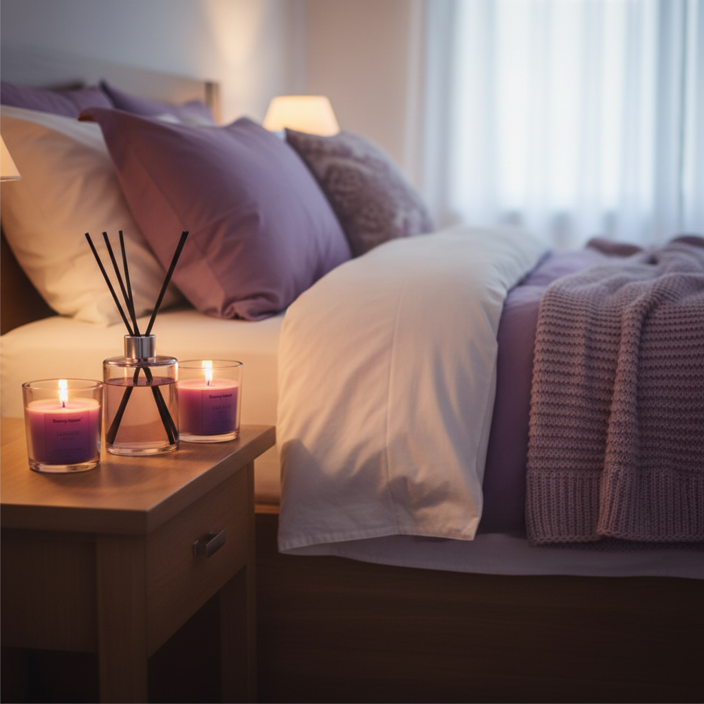 Danny Home Lavande candles lit on bedroom bedside table beside reed diffuser cosy atmosphere