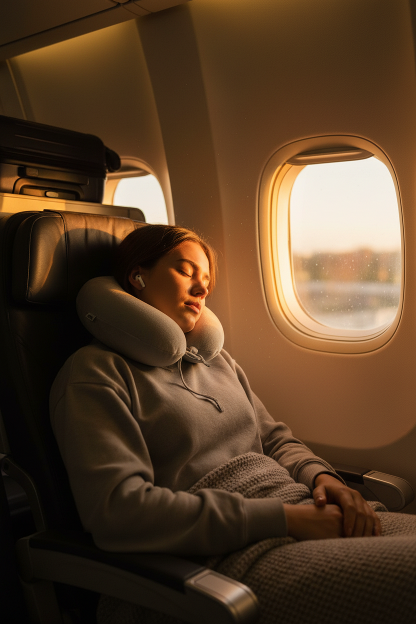 Woman sleeping comfortably with grey travel neck pillow on airplane